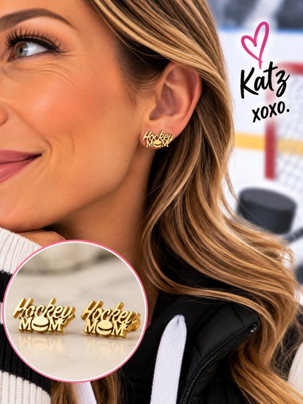 Gold Hockey Mom Stud Earrings Stainless Steel Sports Mom Rink Game Day Jewelry